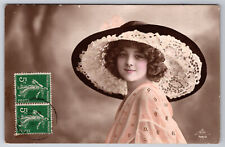 Vintage C1910 French Postcard Lovely Woman With Large Lacy Style Hat picture