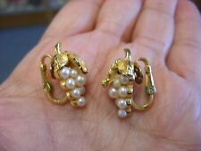 Vintage Trifari Clip-On Earrings Grape Design with Faux Pearls #B260 picture