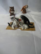 Vintage Bone China Japen trio of black/white mom w/ 2 babies cats  3