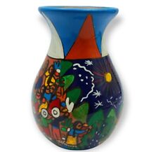 Vtg Mexico Folk Art Terracotta Pottery Vase Hand Painted Storyteller 5
