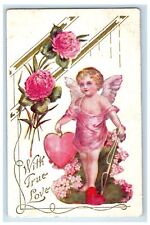 1909 Valentine With True Love Angel Cherub Heart And Flowers Embossed Postcard picture