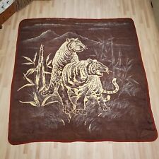 Vtg San Marcos Beige Brown W/ Rust Borders Bengal Tigers In Bamboo Blanket 72x77 picture