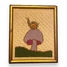Vintage Embroidered Needle Point Snail On Mushroom Framed Wall Hanging Retro picture