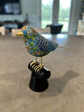 Vintage Cloisonne Brass BIRD 5 1/8” x 5.5” Sculpture Figurine On Wood Perch picture