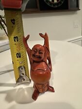 Wooden Carved happy Buddha statue Hands Raised 3” picture