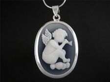 925 Sterling Silver Angel Cloud Music Hymne Cameo Oval Black Pendant picture