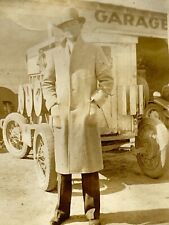 U3 Photograph Handsome Man Overcoat Fedora Hat Garage 1930's  picture