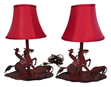 VTG Western Decor Cut Metal Bedside Table Lamps PAIR Cowboy Horse Roping Shades picture