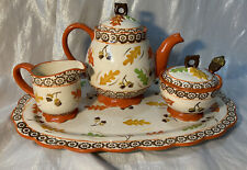 Temptations By Tara Tea Set Teapot Sugar Creamer Platter Old World Oak Leaves picture
