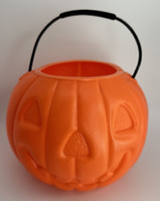 VTG Blow Mold Plastic Halloween Pumpkin Candy Pail Bucket Trick or Treat Orange picture