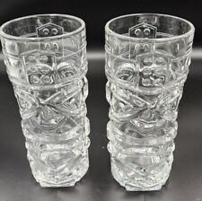Vintage Forum Clear Glass Raised Tiki Face Tumblers Tropical Hawaiian Set Of 2 picture
