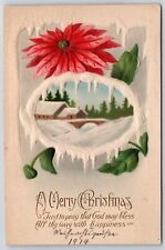 A Merry Christmas Winter Snow House Landscaped & Red Flowers Postcard picture