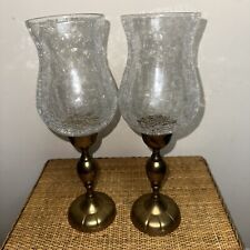 Vintage 22.5” Brass Candlestick Crackled Glass Shade Set Of 2 Decor Retro Boho picture