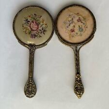 Vintage 2 Piece Victorian Style Hand Held Mirrors Floral Embroidery  picture