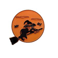 Vintage Black Witch Flying Across Orange Moon Halloween Plastic Floral Pick picture