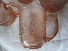 Vintage Arcoroc 25 France Pink Rose Glass Mug Raised Roses-SET OF 4 CUPS (12 oz) picture
