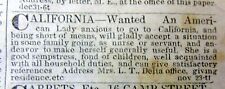 1852 New Orleans LA newspaper w Ad WOMAN WANTED 4 TRAVEL to CALIFORNIA GOLD RUSH picture