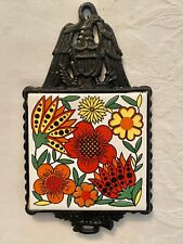 Vintage Cast Iron Ceramic Flower Power Tile Trivet Footed Mid Century Retro picture
