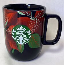 Starbucks Mug Poinsettia Dark Blue & Red Christmas Holiday Coffee Cup 12oz EUC picture