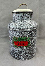 Rare Enamel Sponge-ware Canister Lidded Tea Tin Vintage Primitive Speckle picture
