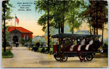 POSTCARD OPEN-AIR SIGHT SEEING CAR AT AQUARIUM BELLE ISLE DETROIT MICHIGAN- 1916 picture