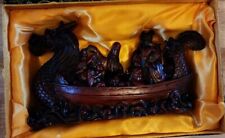 Chinese Carved Red Dragon Boat With Men Statue Vintage picture