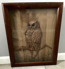 OWL Sculpture Framed 3D Wood Shadow Box Glass Carved Figure Art Vintage 1970s picture