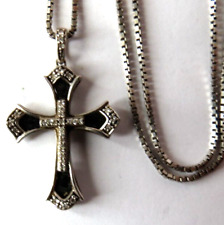 VINTAGE STERLING SILVER ONYX & STONES CROSS & PENDANT NECKLACE CHAIN 18