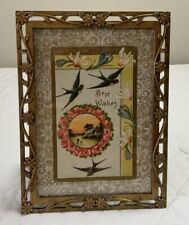 Vintage Antique Framed Victorian Post Card Ephemera, Birds, Best Wishes, House picture