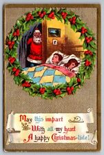 Christmas Santa Postcard Red Coat Blushing Cheeks Children Sleeping Scroll picture