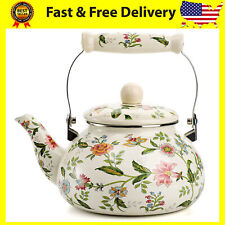 2.6 Quart Vintage Enamel Tea Kettle, Green Floral Enamel on Steel Teapot picture