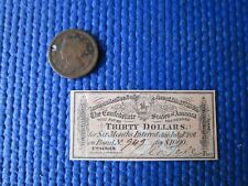 Antique Civil War Era CSA $30 Bond Coupon & Large Cent Dated 1851 picture