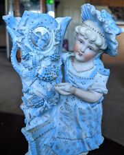 Antique German Bisque Porcelain Blue Figurine Spill Vase Gold Beaded KPM? 10.25