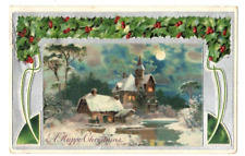 1907 A Happy Christmas Postcard Embossed Holly Berry Moonlight Farmhouse picture