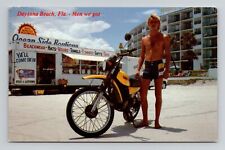 Postcard Man with Motorcycle Daytona Beach Florida FL, Vintage Chrome J13 picture
