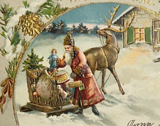 1921 GERMAN Christmas Postcard Rose Coat Santa Loads Toys  Reindeer Sleigh Gilt picture