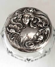 Circa 1905 Art Nouveau Woman Sterling Silver Cut Glass Ladies Vanity Dresser Jar picture