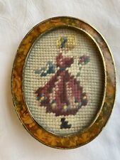 Vintage Needlepoint Oval Picture Enamel Frame  GIRL WITH FLOWERS 4-1/2” By 3-1/2 picture