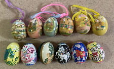 VTG EASTER DECORAT1ONS 12 PLASTIC PAINTED/DECOUPAGED EGGS 6 WITH HANGING RIBBONS picture