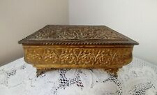 Antique Vtg Ornate Heavy Brass Jewelry Vanity Casket Footed Raised Floral Box picture