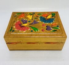 Vintage 1970s Lacquered Wood Trinket Box Colorful Floral Artworks 6” Decor 36 picture