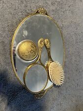 Vintage 4 pc Brass & Embroidered Vanity Set With Mirrored Tray picture