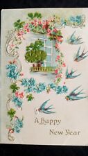 Happy New Year postcard 1907 Embossed Swallows clovers Writing on back unmarked picture