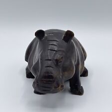 Vintage Black Hand Carved Wooden Hand Painted Hippopotamus Figurine Signed picture