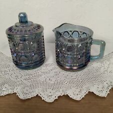 Vintage Indiana Windsor Button & Cane Blue Carnival Glass Cream & Sugar Dish picture