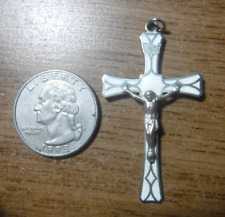 Stunning Vintage Sterling Silver White Enamel Crucifix Pendant, Catholic Medal picture