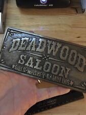 Deadwood Saloon Sign Plaque Girls Whiskey Gambling Solid Metal Patina Man Cave picture