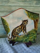 Vintage Hand Painted Artist Signed Pottery Cat Painting Plaque Trees Hill Clouds picture