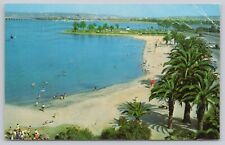 San Diego California, Mission Bay Park Beach Sunbathers Swimmers, VTG Postcard picture