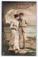 c1910's Sweet Couple Umbrella Studio Portrait Polish RPPC Photo Antique Postcard picture